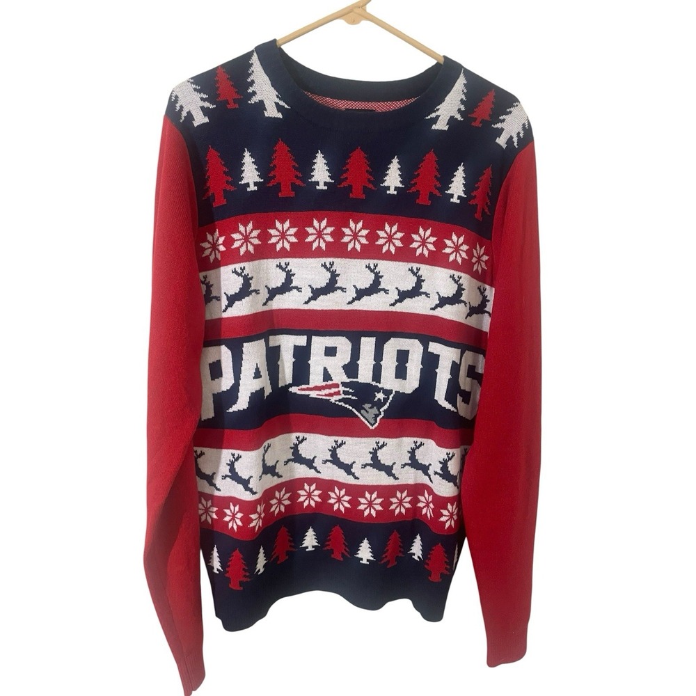 New England Patriots Sweater Large NFL Football Christmas Reindeer Team Holiday